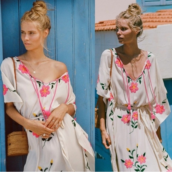 Spell Dresses & Skirts - Sold  elsewhere Spell  Sayulita Kaftan with Pink and Green Embroidery Size S/M
